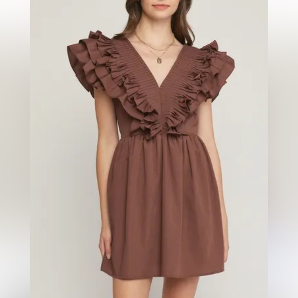 Entro Ruffle Pleated V-neck Mini Babydoll Dress Size L Chocolate Brown - Picture 11 of 11